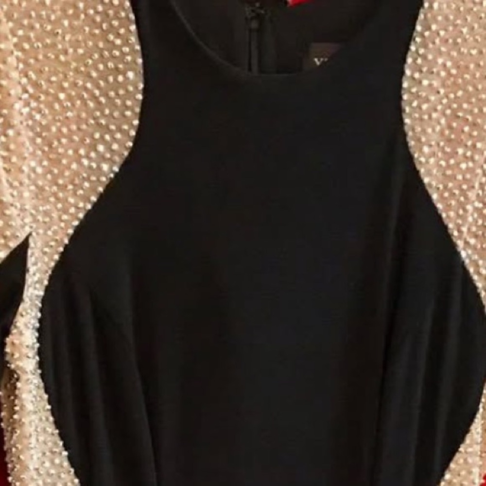 Xscape Black Dress with Pearl-Embellished Sleeves